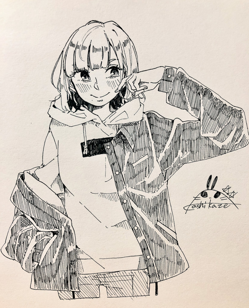 1girl blunt_bangs blush closed_mouth commentary_request cowboy_shot cropped_legs greyscale hand_in_pocket hatching_(texture) highres hood hood_down hoodie jacket kashikaze long_sleeves looking_at_viewer mole mole_under_mouth monochrome nib_pen_(medium) open_clothes open_jacket real_life saitou_shuka short_hair signature simple_background single_off_shoulder solo traditional_media voice_actor