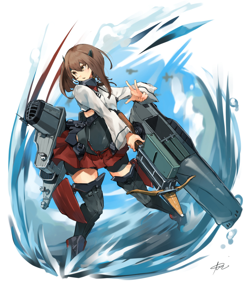 1girl brown_eyes brown_hair commentary_request corset crossbow full_body gun headband highres kantai_collection long_sleeves machinery pleated_skirt red_skirt shirt short_hair_with_long_locks skirt solo sunday_aki taihou_(kancolle) thigh-highs water weapon white_shirt