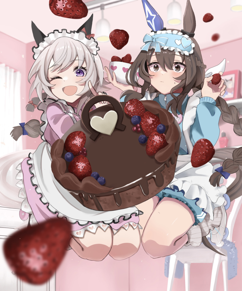 2girls absurdres admire_vega_(umamusume) alternate_hairstyle animal_ears apron blurry blurry_background bowl brown_hair cake chocolate_cake curren_chan_(umamusume) ear_covers food fruit highres holding holding_bowl horse_ears indoors jersey_maid jumping long_sleeves looking_at_viewer maid multiple_girls one_eye_closed open_mouth puffy_long_sleeves puffy_sleeves skates small-wso6-bell smile strawberry umamusume unconventional_maid violet_eyes white_apron