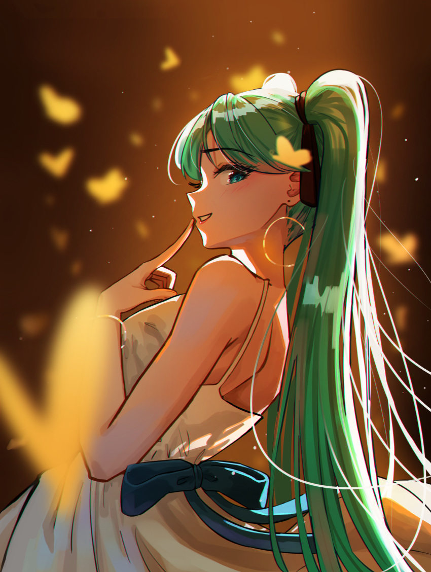 1girl absurdres aqua_eyes aqua_hair armlet blue_bow blush bow brown_headwear bug butterfly dress earrings gold_earrings hatsune_miku highres hoop_earrings jewelry long_eyelashes looking_at_viewer raised_eyebrows sleeveless sleeveless_dress teacup1121 twintails vocaloid white_dress yellow_butterfly