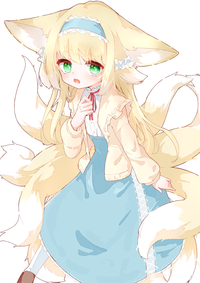 1girl absurdres animal_ears arknights blonde_hair blue_hairband blue_skirt cardigan cross-laced_clothes cross-laced_skirt cross-laced_slit fox_ears fox_girl fox_tail frilled_hairband frills green_eyes hairband hand_up high-waist_skirt highres kitsune kyuubi long_hair long_sleeves multiple_tails neck_ribbon open_mouth puffy_long_sleeves puffy_sleeves rano_u_rabe red_ribbon ribbon shirt simple_background skirt solo suzuran_(arknights) suzuran_(spring_praise)_(arknights) tail white_background white_shirt yellow_cardigan