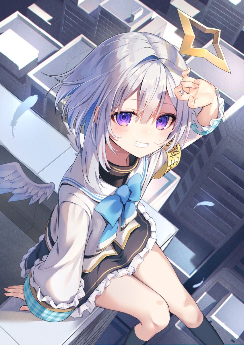 1girl absurdres amane_kanata amane_kanata_(1st_costume) angel angel_wings armband black_dress black_socks blue_bow blue_bowtie blue_hair bow bowtie building cropped_jacket dress fuyoyo grey_jacket hair_intakes halo highres hololive jacket looking_at_viewer on_roof short_hair sitting_on_roof sleeve_cuffs smile socks solo star_halo turtleneck_dress violet_eyes virtual_youtuber white_hair wings yellow_armband