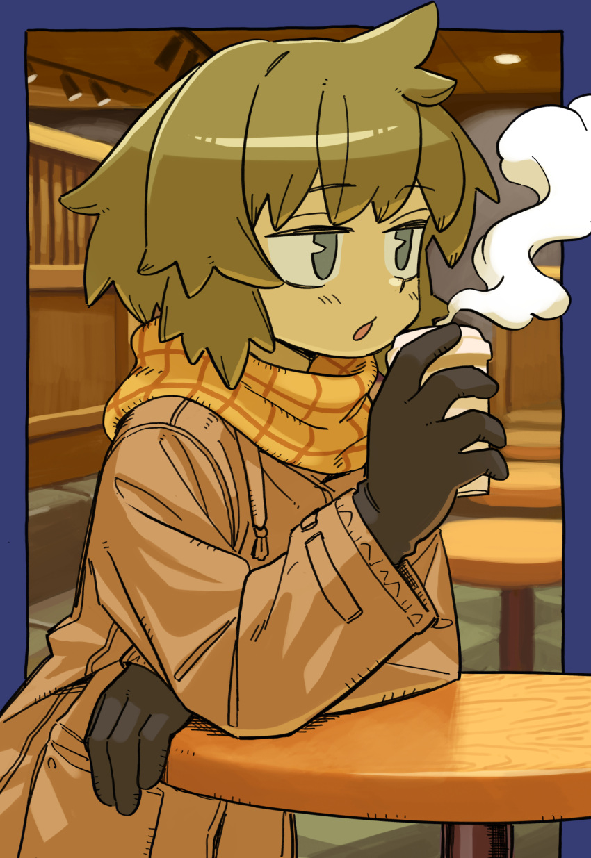 1girl black_gloves blue_eyes brown_coat brown_hair coat commission cup disposable_cup gloves highres holding holding_cup indoors long_sleeves mizuno_(okn66) orange_scarf original scarf short_hair skeb_commission solo steam table