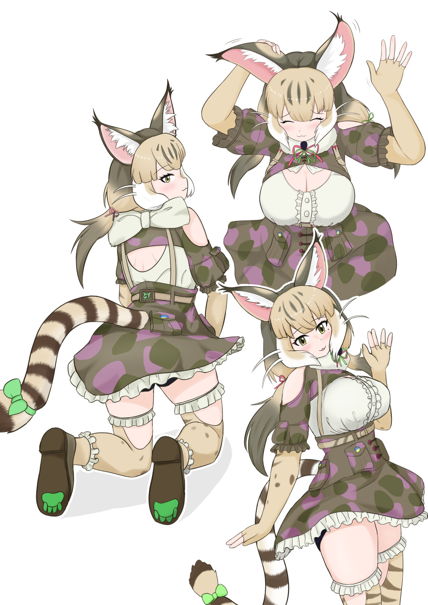 1girl absurdres animal_ears belt camouflage cat_ears cat_girl cat_tail elbow_gloves extra_ears fingerless_gloves gloves green_eyes grey_hair highres jacket jungle_cat_(kemono_friends) kemono_friends kemono_friends_v_project kneehighs long_hair looking_at_viewer microphone oaug241 ribbon shirt shoes simple_background skirt socks suspenders tail twintails virtual_youtuber