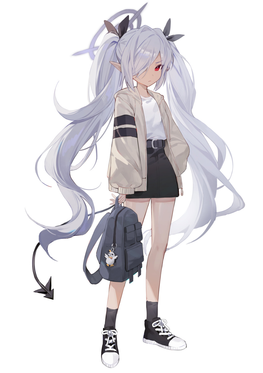 1girl absurdres alternate_costume bag belt black_belt black_footwear black_skirt black_socks black_tail blue_archive closed_mouth dark-skinned_female dark_skin demon_tail full_body grey_hair halo highres holding holding_bag iori_(blue_archive) jacket long_sleeves looking_at_viewer open_clothes open_jacket peroro_(blue_archive) pleated_skirt pointy_ears purple_halo red_eyes seizou_hidzuke shirt shoes simple_background skirt socks solo tail twintails white_background white_shirt
