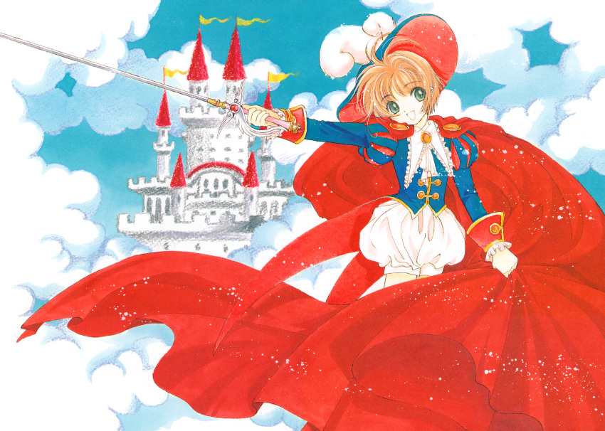 1girl absurdres brown_hair cape cardcaptor_sakura castle child clamp_(circle) clouds cloudy_sky green_eyes hat highres holding holding_sword holding_weapon kinomoto_sakura official_alternate_costume official_art red_cape scan short_hair sky solo standing sword weapon