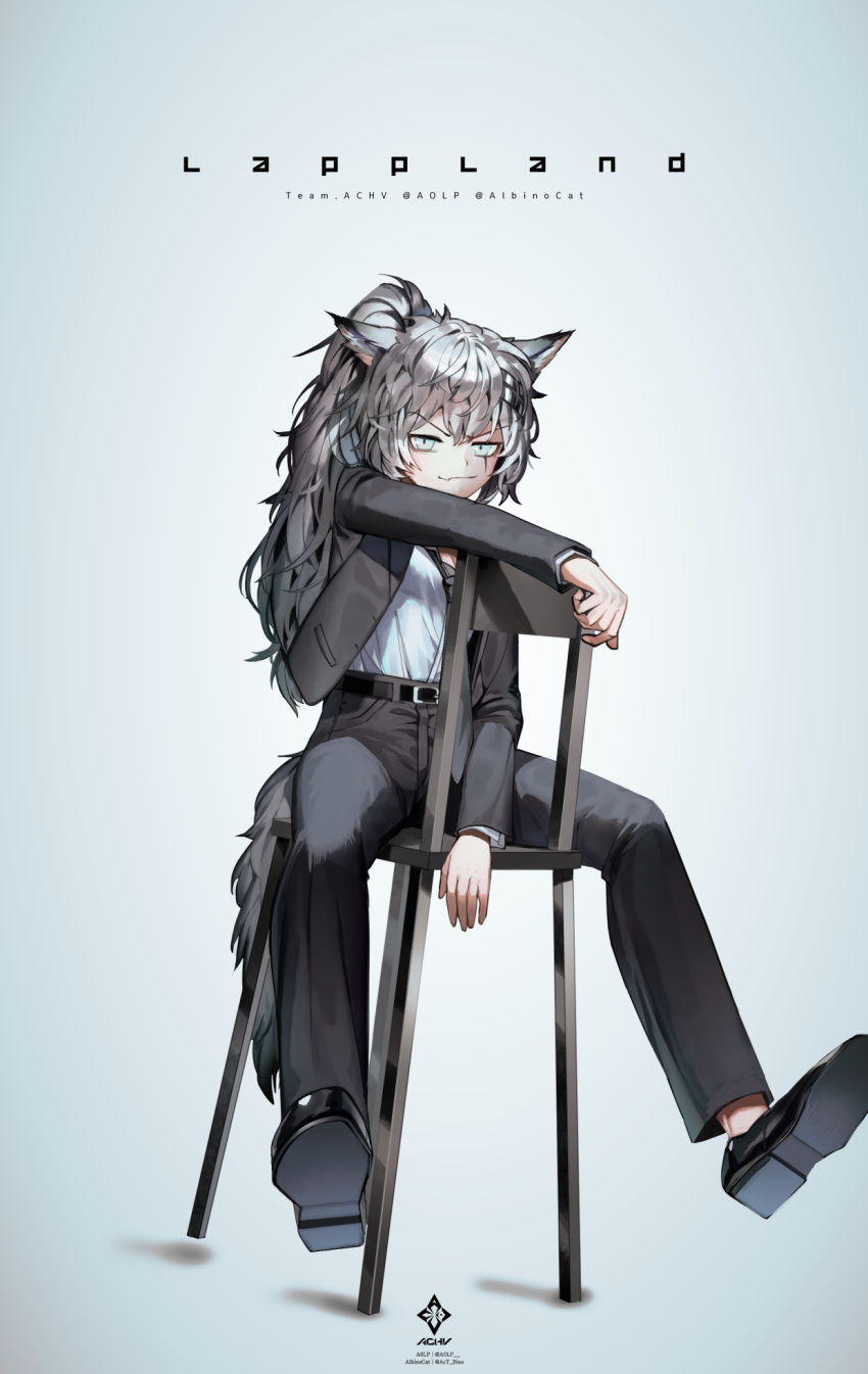 1girl a0lp alternate_costume alternate_hairstyle animal_ears arknights black_footwear character_name closed_mouth fang grey_eyes grey_hair grey_jacket grey_pants highres jacket lappland_(arknights) light_smile long_sleeves looking_at_viewer open_clothes open_jacket pants ponytail scar scar_across_eye shirt shirt_tucked_in simple_background sitting sitting_backwards solo suit tail white_background white_shirt