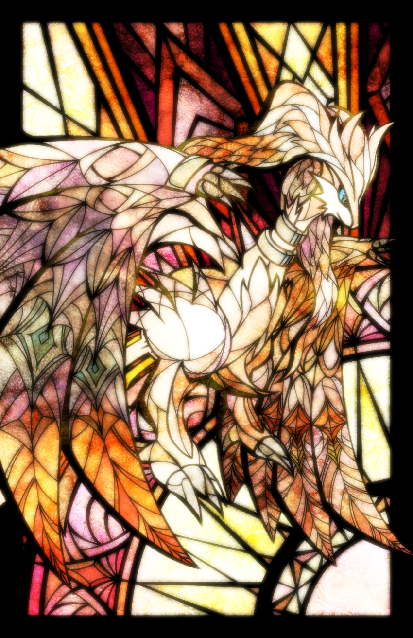 animal_focus black_border blue_eyes blue_sclera border claws closed_mouth colored_sclera commentary_request dragon free_butterfree full_body highres jewelry looking_to_the_side neck_ring no_humans outside_border partial_commentary pokemon pokemon_(creature) profile reshiram solo stained_glass