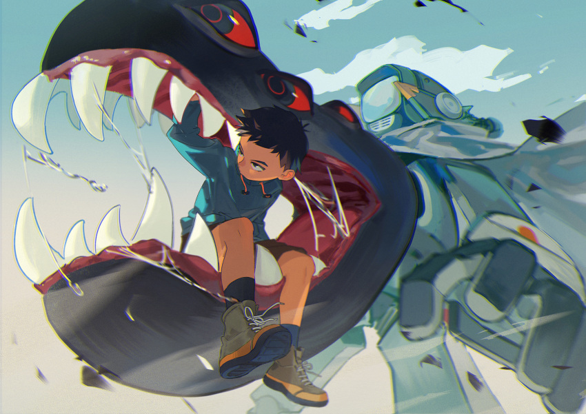 1boy 1other aqua_hoodie brown_footwear brown_shorts canti cape clouds cloudy_sky fangs flcl highres monster nandaba_naota open_mouth robot saliva shorts sky television tss-mire