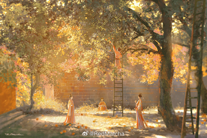 1boy 3girls belt black_eyes black_hair brick_wall chinese_clothes chinese_commentary commentary_request dappled_sunlight day double_bun falling_leaves food from_behind from_side fruit full_body hair_bun hair_ornament hair_rings hanfu holding holding_food holding_fruit jacket ladder landscape leaf long_sleeves multiple_girls open_clothes open_jacket orange_(fruit) original outdoors reaching red_belt red_robe redmatcha robe short_hair signature single_hair_bun sitting sunlight watermark weibo_logo weibo_username white_jacket white_robe white_sleeves wide_shot wide_sleeves