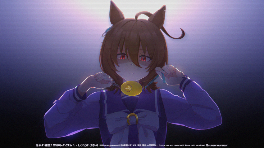 1girl agnes_tachyon_(umamusume) ahoge animal_ears artist_name bow closed_mouth commentary_request crime_prevention_buzzer earrings gloom_(expression) hair_between_eyes highres holding horse_ears horse_girl jewelry long_sleeves looking_at_viewer messy_hair purple_shirt red_eyes sailor_collar school_uniform shirt short_hair signature single_earring solo sunsunnunusun tracen_school_uniform twitter_username umamusume upper_body white_bow