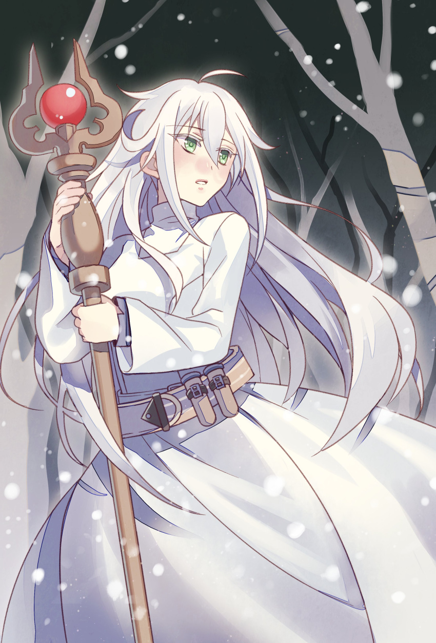 1girl absurdres ahoge belt commission copyright_request dot_nose dress forest green_eyes highres holding holding_staff long_hair long_sleeves looking_to_the_side nature open_mouth ruco second-party_source snow snowing solo staff test_tube turtleneck_dress white_dress white_hair