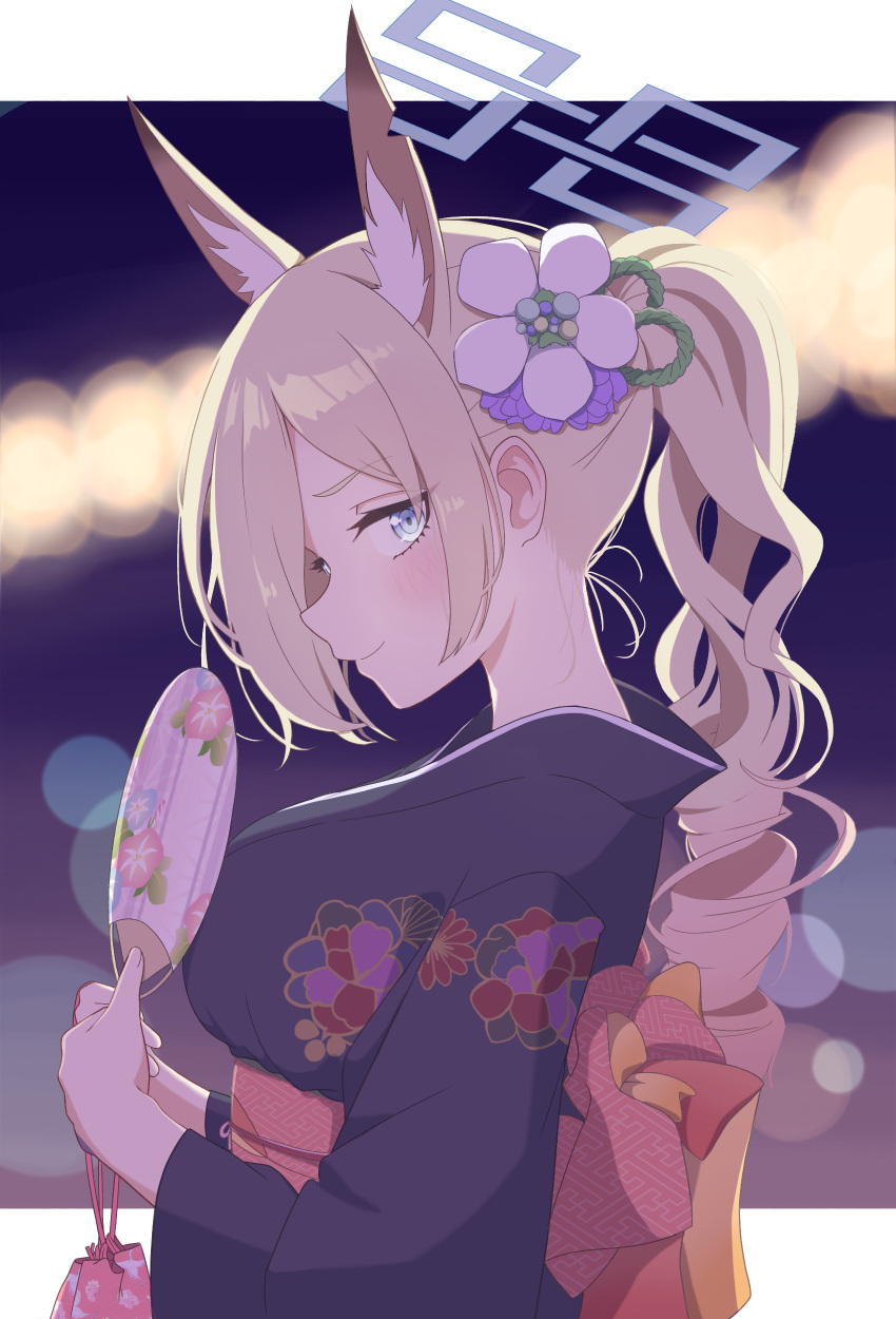 1girl 4_m_lacra absurdres animal_ear_fluff animal_ears blue_archive blue_eyes blurry commentary_request depth_of_field dog_ears extra_ears flower from_side hair_flower hair_ornament hair_over_one_eye halo hand_fan highres holding holding_fan japanese_clothes kanna_(blue_archive) kimono light_brown_hair long_hair long_sleeves looking_at_viewer looking_to_the_side night night_sky obi official_alternate_costume official_alternate_hairstyle outdoors paper_fan parted_bangs ponytail sash sidelocks sky solo uchiwa wide_sleeves yukata
