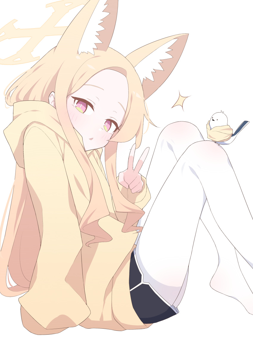 1girl absurdres alternate_costume animal animal_ears bird black_shorts blonde_hair blue_archive blush fox_ears hagoonha highres hood hood_down hoodie long_hair long_sleeves looking_at_viewer pantyhose parted_lips seia_(blue_archive) shorts solo v white_bird white_pantyhose yellow_eyes yellow_hoodie