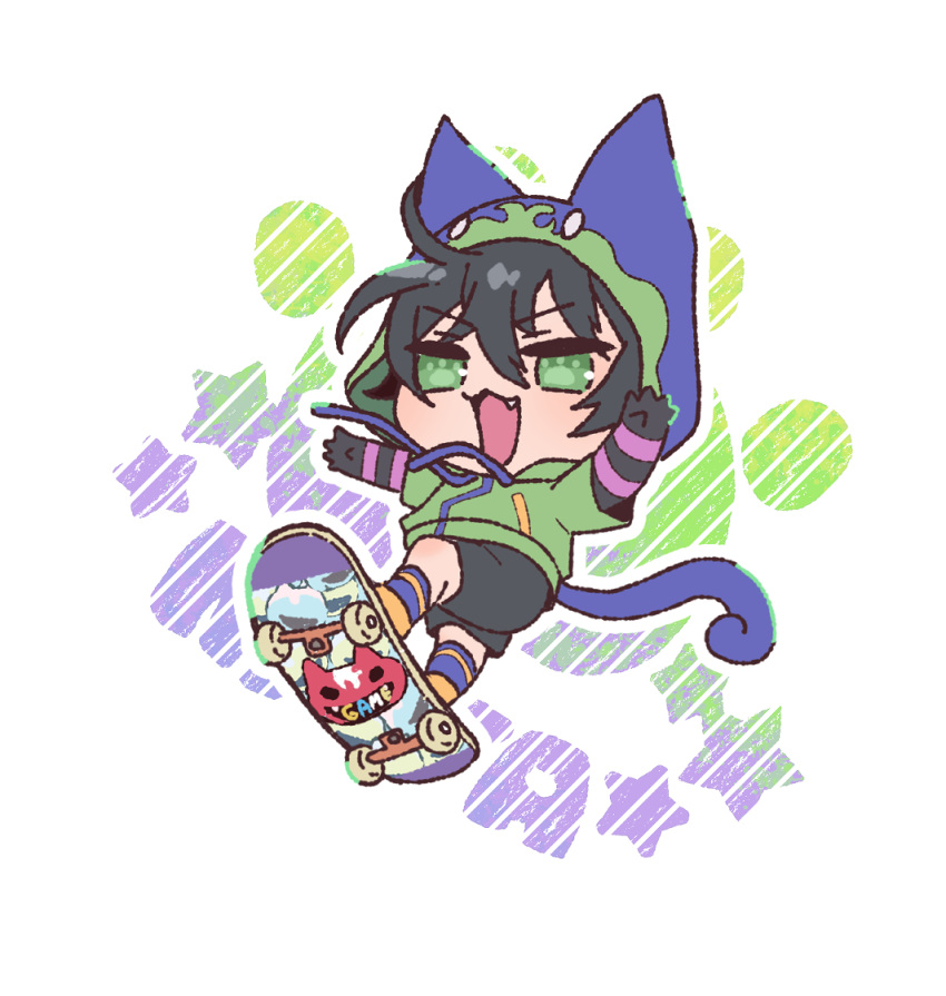 :3 animal_hood cat_hood cat_tail character_name chibi fake_tail fang gloves green_eyes green_hoodie hood hoodie long_sleeves male_focus miya_(sk8) open_mouth paw-shaped_pupils shorts simple_background sk8_the_infinity skateboard solo tail white_background zero_q