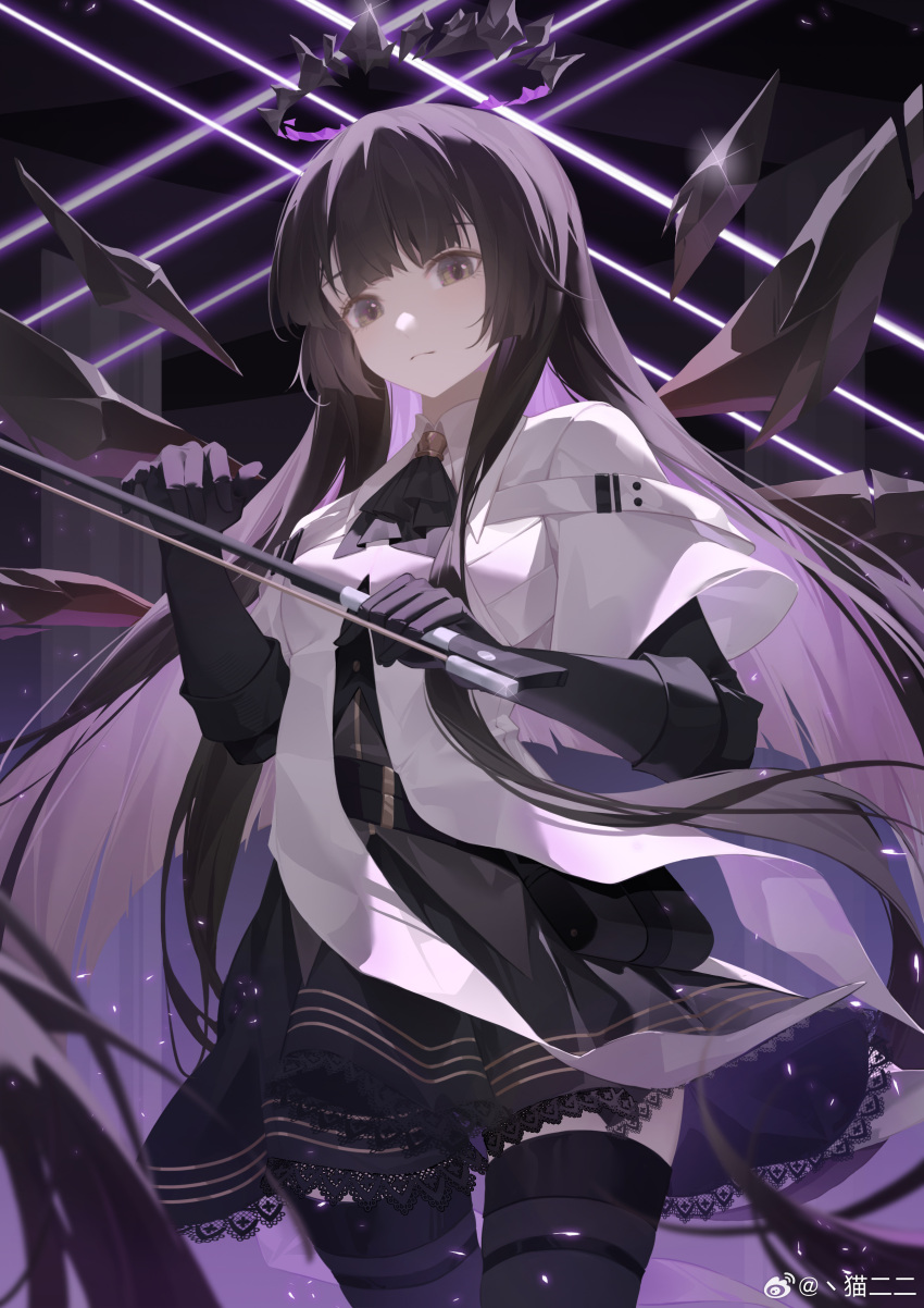 1girl absurdly_long_hair absurdres arknights artist_name ascot belt belt_buckle belt_pouch black_ascot black_background black_belt black_bustier black_gloves black_hair black_halo black_pouch black_skirt black_thighhighs black_wings blunt_bangs blurry blurry_foreground bow_(music) breasts broken_halo buckle bustier buttons catererer chinese_commentary chinese_text closed_mouth collared_jacket colored_inner_hair commentary_request cowboy_shot dark_halo depth_of_field detached_wings dress_shirt energy_wings expressionless eyelashes floating_hair glint gloves gradient_background grey_eyes grey_hair grey_shirt halo hands_up highres hime_cut holding holding_bow_(music) jacket layered_sleeves light_particles long_hair long_sleeves looking_at_viewer medium_breasts miniskirt multicolored_eyes multicolored_hair pale_skin pillar pleated_skirt pouch purple_background purple_theme shadow shirt short_over_long_sleeves short_sleeved_jacket short_sleeves sidelocks skirt solo standing straight_hair thigh-highs thighs two-tone_background two-tone_eyes two-tone_hair very_long_hair virtuosa_(arknights) watermark weibo_logo weibo_username white_belt white_jacket wide_sleeves wing_collar wings yellow_eyes zettai_ryouiki