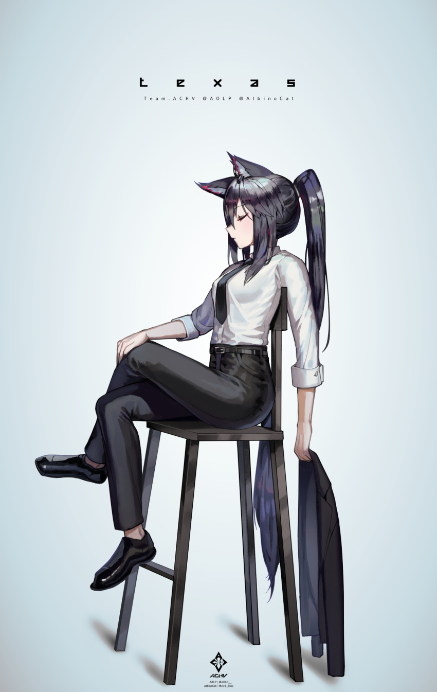 1girl a0lp alternate_costume arknights belt black_footwear black_hair black_necktie black_pants character_name closed_eyes closed_mouth collared_shirt crossed_legs from_side high_chair highres holding holding_clothes holding_jacket jacket looking_at_viewer necktie pants ponytail shirt simple_background sitting sleeves_rolled_up smile solo suit tail texas_(arknights) unworn_jacket white_background white_shirt