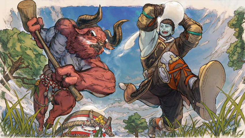 1boy :d angry blue_skin blue_sky clouds colored_skin day final_fantasy final_fantasy_xiv food grass hammer highres holding holding_hammer kine mallet minotaur mochi mochitsuki official_art okamoto_koudai outdoors roegadyn running signature sky smile tree