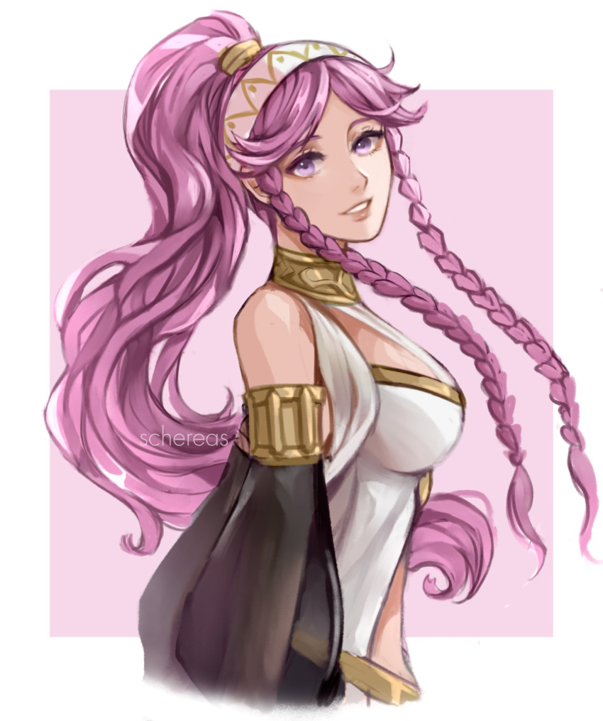 1girl artist_name braid breasts fire_emblem fire_emblem_awakening from_side hairband highres long_hair looking_at_viewer olivia_(fire_emblem) parted_lips pink_eyes pink_hair ponytail schereas smile solo twin_braids upper_body very_long_hair