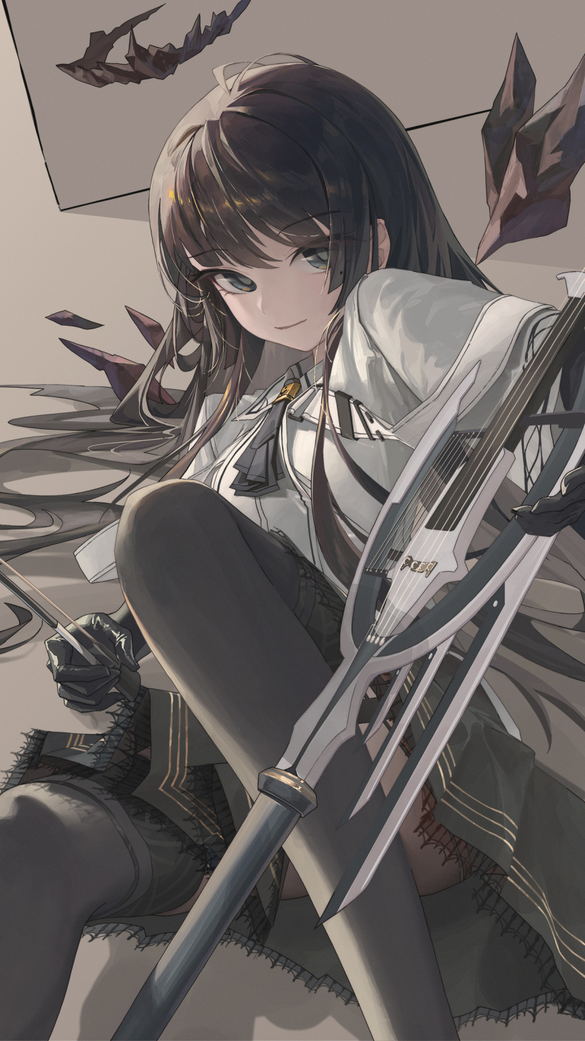 1girl 9am9i antenna_hair arknights arm_support ascot belt belt_buckle black_ascot black_eyes black_garter_straps black_gloves black_skirt black_thighhighs blunt_bangs bow_(music) breasts broken_halo brown_hair brown_halo brown_wings buckle cello closed_mouth collared_jacket colored_inner_hair commentary dark_halo detached_wings elbow_gloves energy_wings eyelashes feet_out_of_frame film_grain floor foreshortening from_above garter_straps gloves grey_pupils hair_flowing_over hair_spread_out halo hand_up highres hime_cut holding holding_bow_(music) holding_instrument holding_violin indoors instrument jacket knees_up layered_sleeves light_brown_hair light_smile long_hair long_sleeves looking_at_viewer looking_to_the_side lying miniskirt mole mole_under_eye multicolored_hair on_floor on_side pleated_skirt shadow shiny_gloves short_over_long_sleeves short_sleeves sidelocks skirt solo straight_hair thigh-highs thighs two-tone_hair very_long_hair violin virtuosa_(arknights) wall white_belt white_jacket wide_sleeves wing_collar wings zettai_ryouiki