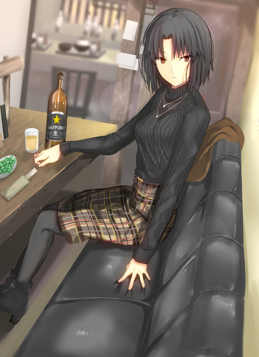 1girl alternate_costume black_footwear black_hair black_pantyhose black_sweater brown_eyes brown_skirt closed_mouth commentary_request couch highres iro_(sekaixiro) jewelry kara_no_kyoukai long_sleeves looking_at_viewer necklace on_couch pantyhose parted_bangs plaid plaid_skirt ribbed_sweater ryougi_shiki short_hair sitting skirt solo sweater table turtleneck turtleneck_sweater