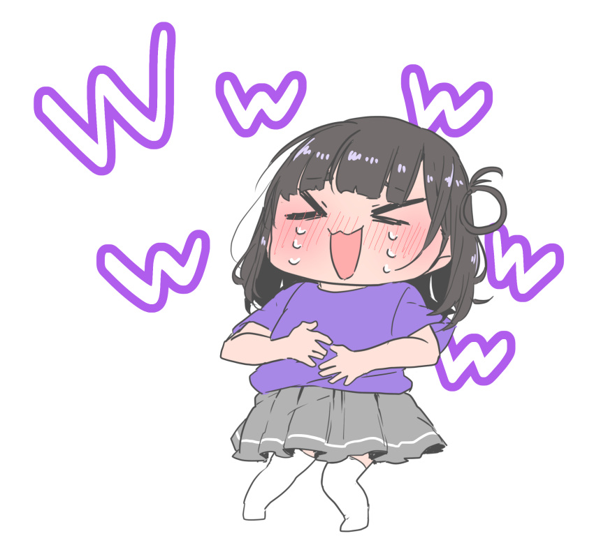 &gt;_&lt; :3 black_hair blush chibi commentary_request crying full_body grey_skirt highres kashikaze laughing long_hair love_live! love_live!_sunshine!! ohara_mari open_mouth pleated_skirt purple_shirt real_life shirt short_sleeves simple_background single_hair_ring skirt suzuki_aina thigh-highs translation_request transparent_background voice_actor voice_actor_connection white_thighhighs zettai_ryouiki