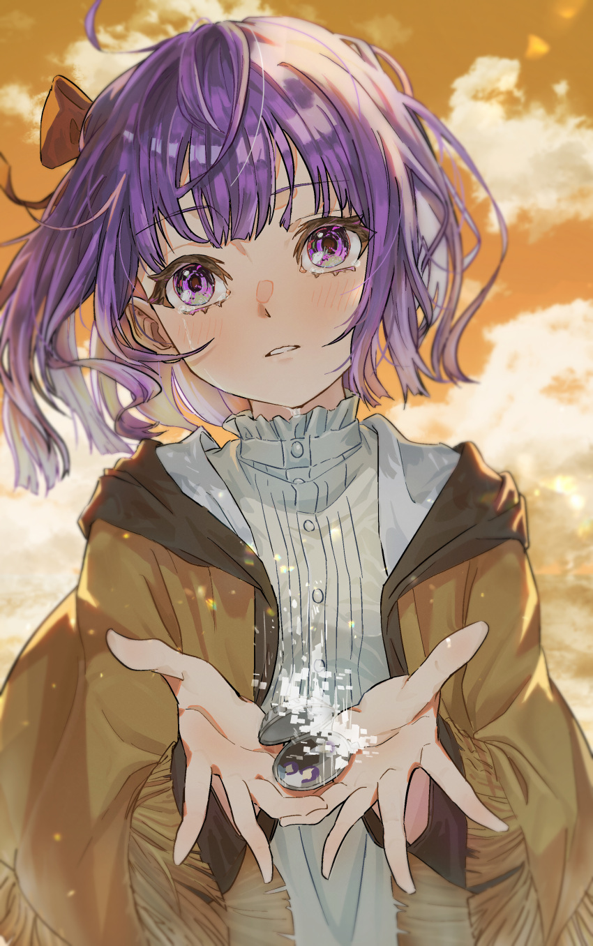 1girl absurdres alternate_hair_length alternate_hairstyle bow brown_coat clip_studio_paint_(medium) clouds coat dress duang_(user_tsag8258) evening fern_(sousou_no_frieren) hair_bow highres holding light_blush looking_at_viewer orange_sky outdoors purple_hair red_bow short_hair single_tear sky solo sousou_no_frieren violet_eyes white_dress