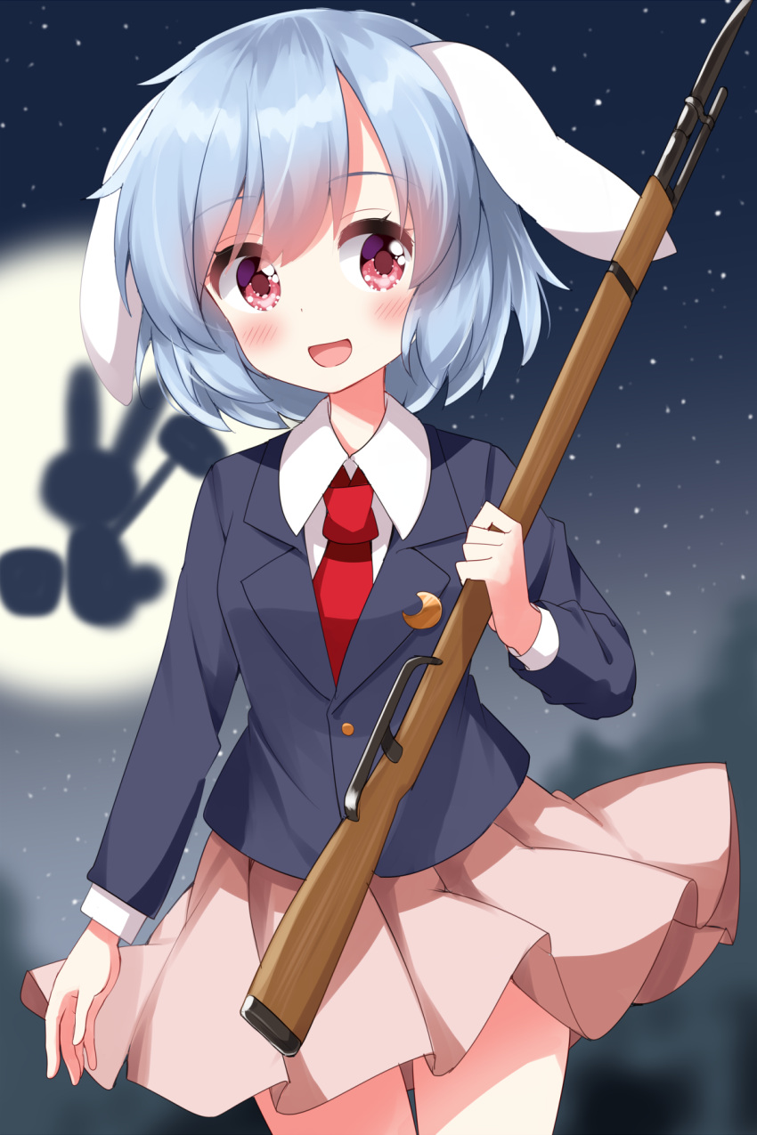 1girl :d animal_ears blazer collared_shirt commentary_request cowboy_shot crescent crescent_pin grey_hair gun highres holding holding_weapon jacket long_sleeves looking_at_viewer necktie open_mouth pink_skirt rabbit rabbit_ears rabbit_girl red_eyes red_necktie reisen_(touhou_bougetsushou) rifle ruu_(tksymkw) shirt short_hair skirt smile solo touhou weapon white_shirt