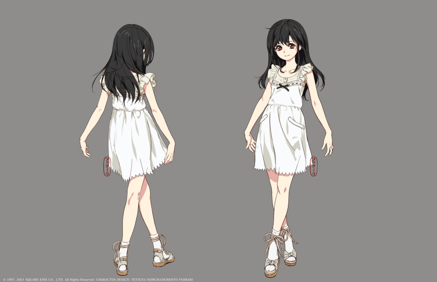 1girl absurdres aged_down arms_at_sides black_hair child closed_mouth collarbone commentary_request concept_art dress final_fantasy final_fantasy_vii final_fantasy_vii_remake frilled_dress frills from_behind full_body grey_background highres long_hair looking_at_viewer multiple_views official_art open_hands red_eyes roberto_ferrari sandals smile socks square_enix standing tifa_lockhart white_dress white_socks