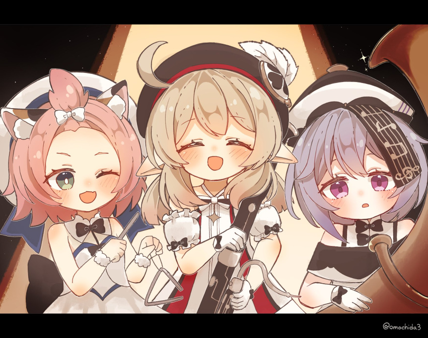3girls :o ;d ^_^ ahoge animal_ear_fluff animal_ears artist_name back_bow bangs_pinned_back bare_shoulders bassoon beamed_eighth_notes beret black_bow black_bowtie black_headwear blonde_hair blue_ribbon blush bow bowtie bright_pupils cat_ears cleavage_cutout closed_eyes clothing_cutout commentary_request detached_sleeves diona_(genshin_concert)_(genshin_impact) diona_(genshin_impact) dress eighth_note eyelashes fang forehead frilled_sleeves frills genshin_impact gloves green_eyes hair_between_eyes hair_bow hands_up hat hat_feather hat_ornament hat_ribbon highres holding holding_instrument instrument klee_(genshin_concert)_(genshin_impact) klee_(genshin_impact) letterboxed long_hair looking_at_viewer low_twintails mandarin_collar mochida multiple_girls musical_note official_alternate_costume one_eye_closed open_mouth pink_hair pointy_ears puffy_detached_sleeves puffy_short_sleeves puffy_sleeves purple_hair qingdai_guanmao qiqi_(genshin_impact) quarter_note ribbon sailor_hat shirt short_hair short_sleeves sidelocks skin_fang sleeveless sleeveless_shirt smile sparkle spotlight staff_(music) treble_clef triangle_(instrument) tuba twintails twitter_username two-tone_bowtie two-tone_headwear violet_eyes white_bow white_bowtie white_dress white_gloves white_headwear white_pupils