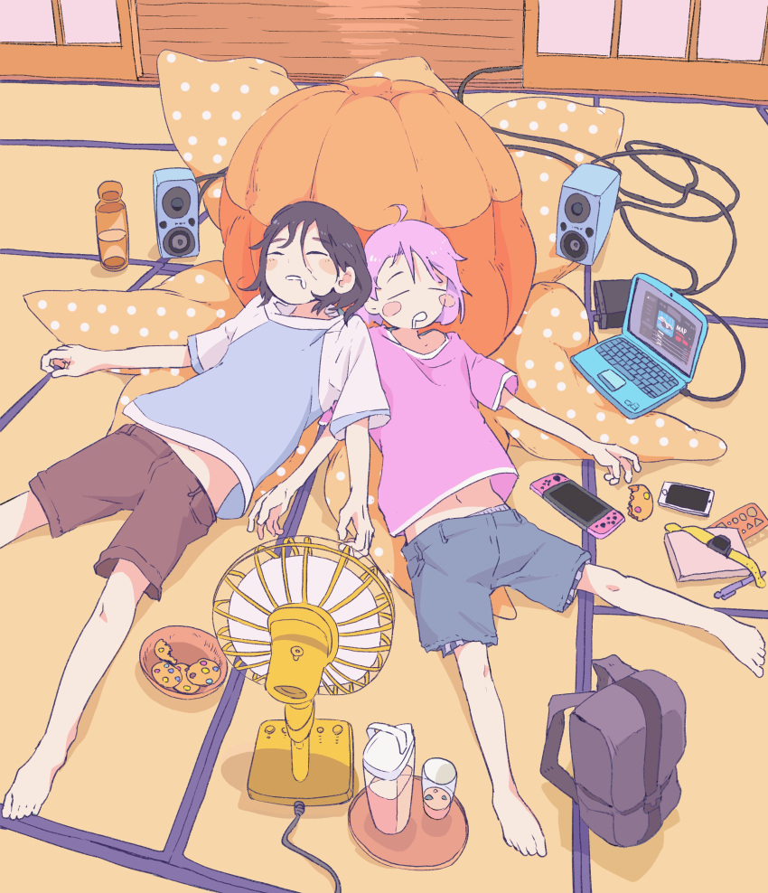 2girls absurdres ahoge bean_bag_chair black_hair blush_stickers cellphone closed_eyes computer cookie drooling electric_fan food from_above highres indoors iphone laptop lying mouth_drool multiple_girls nintendo nintendo_switch on_back open_mouth original phone pink_hair pink_shirt raglan_sleeves ratsuparu shirt short_hair shorts side-by-side sleeping smartphone speaker yuri