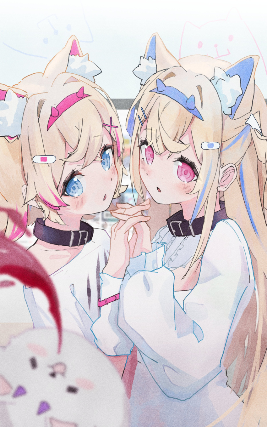 2girls absurdres animal_ear_fluff animal_ears bandaid bandaid_hair_ornament black_collar blonde_hair blue_eyes blue_hair blush collar cropped_shirt dog_ears dog_girl dress fuwawa_abyssgard hair_ornament hairpin highres hololive hololive_english interlocked_fingers mococo_abyssgard multicolored_hair multiple_girls open_mouth perroccino_(fuwamoco) pink_eyes pink_hair shirt siblings sisters streaked_hair twins two_side_up virtual_youtuber waterjetoctopus white_dress white_shirt x_hair_ornament