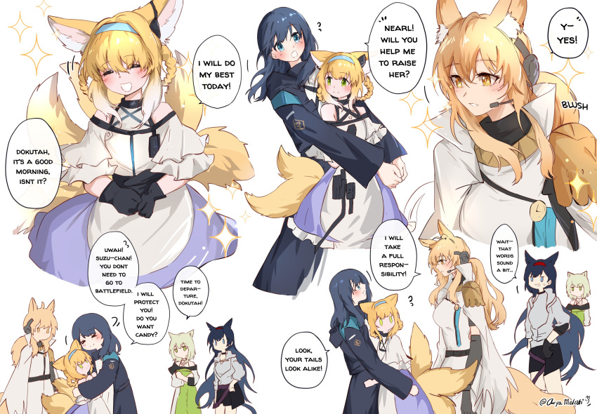 5girls absurdres animal_ears arknights arya_melati bare_shoulders black_coat black_gloves black_hair blaze_(arknights) blonde_hair blue_eyes braid braided_hair_rings cat_ears cat_girl cat_tail closed_mouth coat colored_tips doctor_(arknights) dress earpiece english_text female_doctor_(arknights) fox_ears fox_girl fox_tail gloves green_eyes green_hair grin hair_rings highres horse_ears horse_girl horse_tail kal'tsit_(arknights) kitsune kyuubi long_sleeves lynx_ears lynx_girl multicolored_hair multiple_girls multiple_tails nearl_(arknights) nearl_the_radiant_knight_(arknights) no_mouth open_mouth orange_eyes own_hands_together parted_lips purple_dress smile speech_bubble suzuran_(arknights) tail teeth twin_braids white_hair