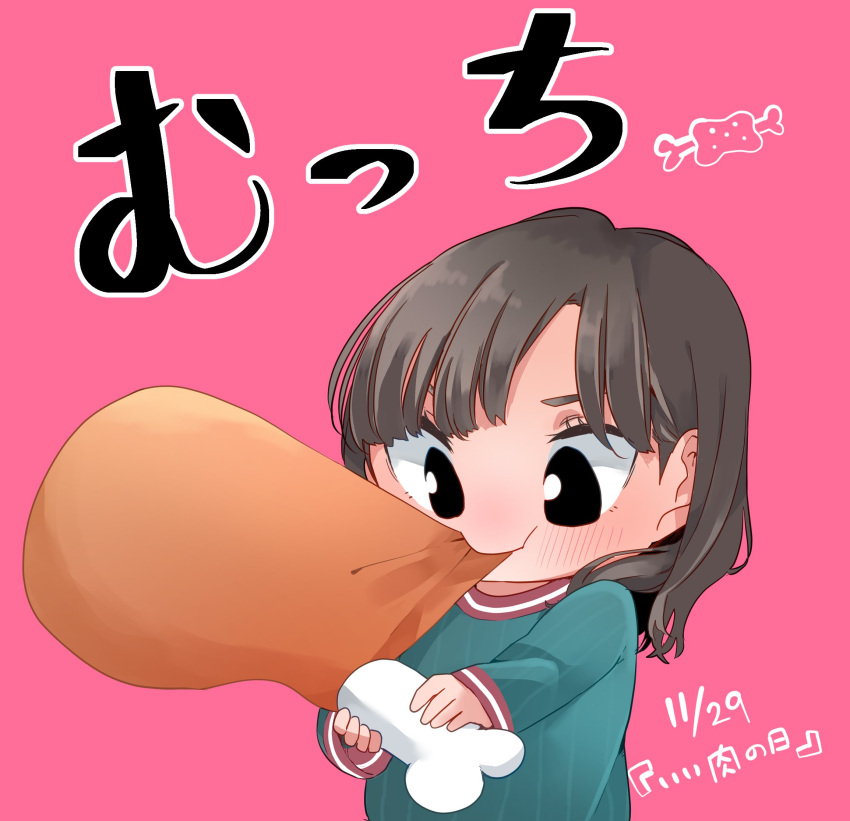 1girl blue_sweater blush brown_hair commentary dated food_in_mouth good_meat_day highres inami_anju kashikaze long_sleeves medium_hair oversized_food oversized_object real_life solo sweater translation_request voice_actor