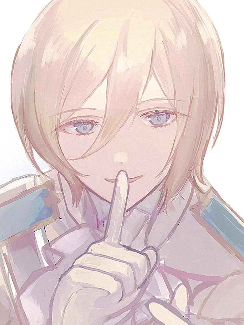 1boy bishounen blonde_hair blue_eyes blue_jacket colored_eyelashes ensemble_stars! finger_to_mouth gloves grey_background highres jacket looking_at_viewer male_focus multicolored_clothes multicolored_jacket ntec231 open_mouth short_hair shushing sketch smile solo tenshouin_eichi white_gloves white_jacket