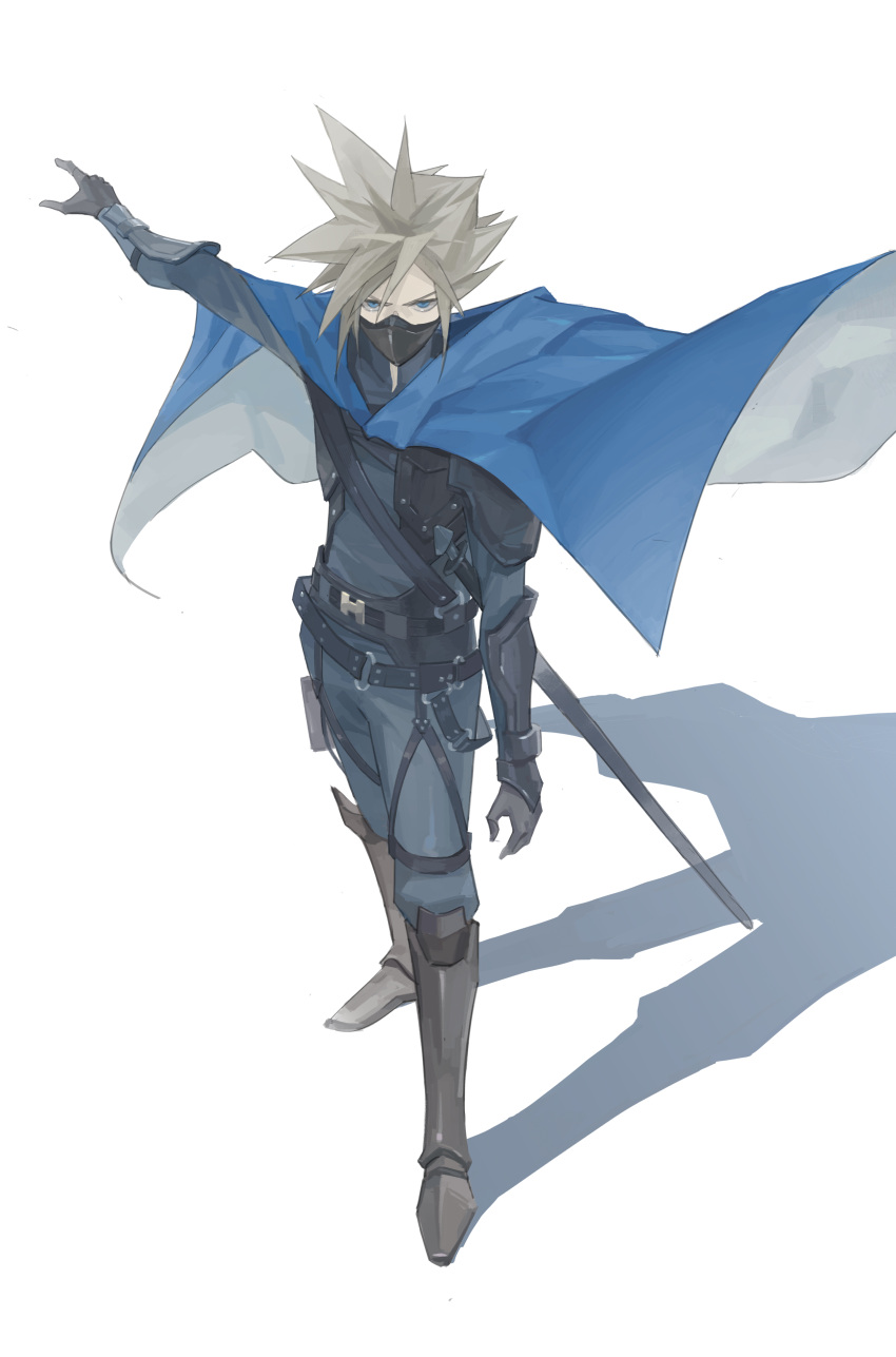 1boy absurdres arm_armor armor armored_boots belt black_gloves black_pants black_shirt blonde_hair blue_cape blue_eyes boots cape chest_strap cloud_strife commentary covered_mouth dododo final_fantasy final_fantasy_vii final_fantasy_vii_remake from_above full_body glaring gloves grey_footwear high_collar highres knight long_sleeves male_focus mask mouth_mask official_alternate_costume outstretched_arm pants scabbard serious shadow sheath shirt short_hair shoulder_armor shoulder_strap simple_background solo spiky_hair sword thigh_strap weapon white_background