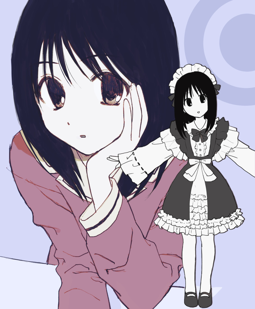 1girl alternate_costume azumanga_daioh black_eyes black_hair commentary dress enmaided etizojima expressionless frilled_dress frills full_body head_rest highres kasuga_ayumu lolita_fashion looking_at_viewer maid maid_headdress mary_janes medium_hair multiple_views outstretched_arms parted_lips school_uniform shoes sketch spread_arms upper_body wide_sleeves