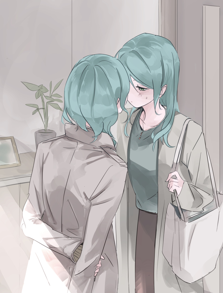 2girls absurdres arm_behind_back bag bang_dream! blush brown_coat coat collarbone facing_another green_hair highres hikawa_hina hikawa_sayo holding holding_bag holding_own_arm imminent_kiss incest indoors looking_at_another multiple_girls picture_frame pine_(pinepipp) plant potted_plant siblings sisters sweatdrop twins yuri