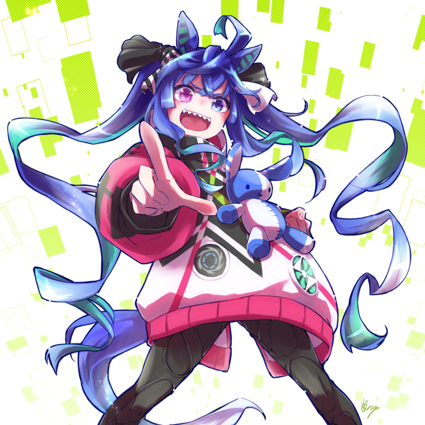 1girl :d @_@ ahoge animal_ears aqua_hair black_leggings blue_eyes blue_hair bow clenched_hand commentary_request crossed_bangs feet_out_of_frame hair_bow heterochromia highres hood hoodie horse_ears horse_girl horse_tail inath leggings legs_apart long_hair long_sleeves looking_at_viewer multicolored_clothes multicolored_hair multicolored_hoodie open_mouth partial_commentary pointing pointing_at_viewer sharp_teeth sidelocks signature smile solo standing striped striped_bow stuffed_animal stuffed_rabbit stuffed_toy tail teeth twin_turbo_(umamusume) twintails two-tone_hair umamusume upper_teeth_only very_long_hair violet_eyes