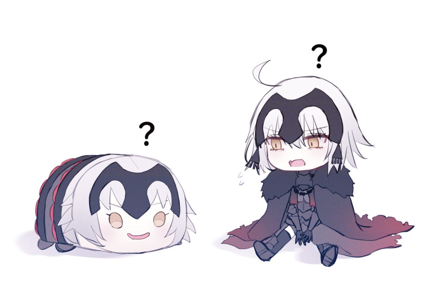 1girl ? ahoge armor black_armor black_cape black_thighhighs cape character_pillow chibi fang fate/grand_order fate_(series) flying_sweatdrops fur-trimmed_cape fur_trim headpiece highres jeanne_d'arc_alter_(avenger)_(fate) jeanne_d'arc_alter_(avenger)_(first_ascension)_(fate) jeanne_d'arc_alter_(fate) mini_person minigirl open_mouth pillow roro_982 short_hair simple_background skin_fang solo thigh-highs torn_cape torn_clothes white_background white_hair yellow_eyes