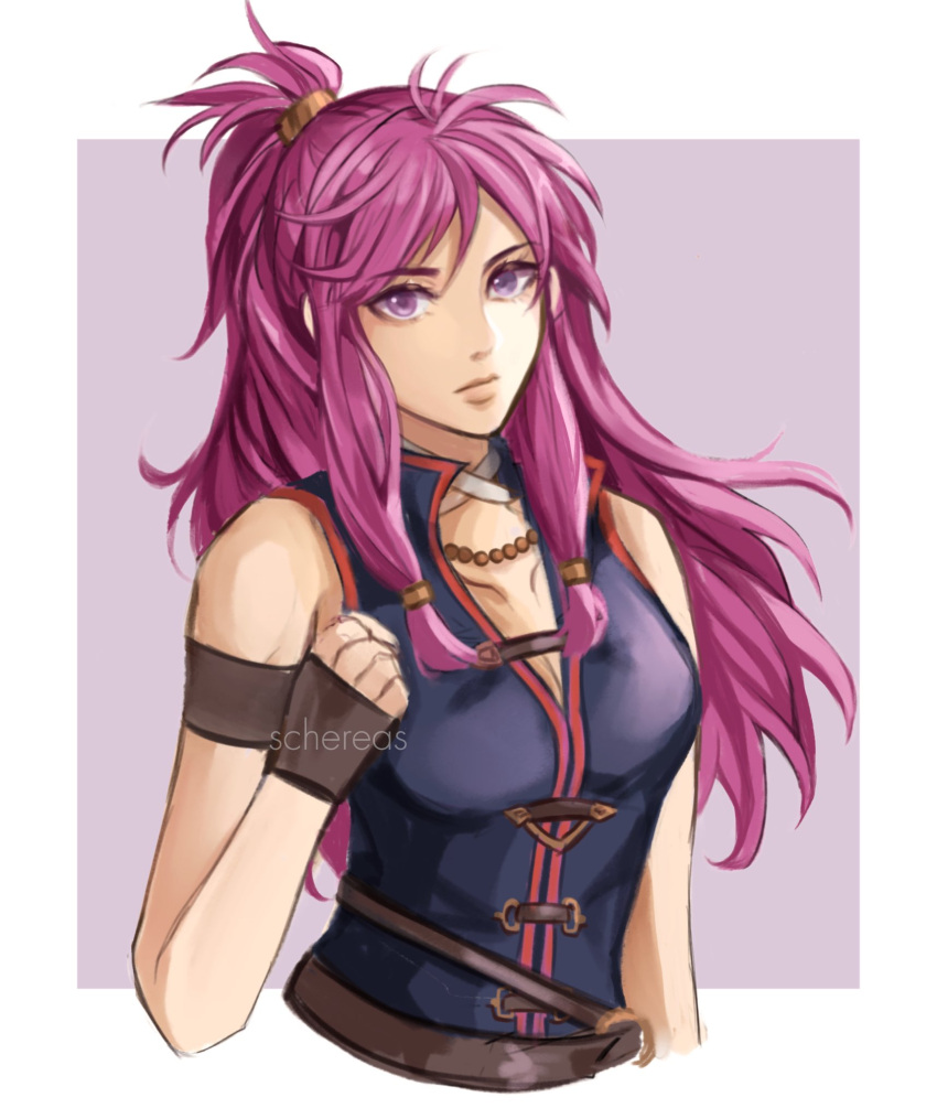 1girl arm_strap bare_shoulders brown_gloves clenched_hand collarbone dress fingerless_gloves fire_emblem fire_emblem:_the_sacred_stones gloves highres long_hair looking_at_viewer marisa_(fire_emblem) pink_eyes pink_hair ponytail schereas sidelocks sleeveless sleeveless_dress solo upper_body