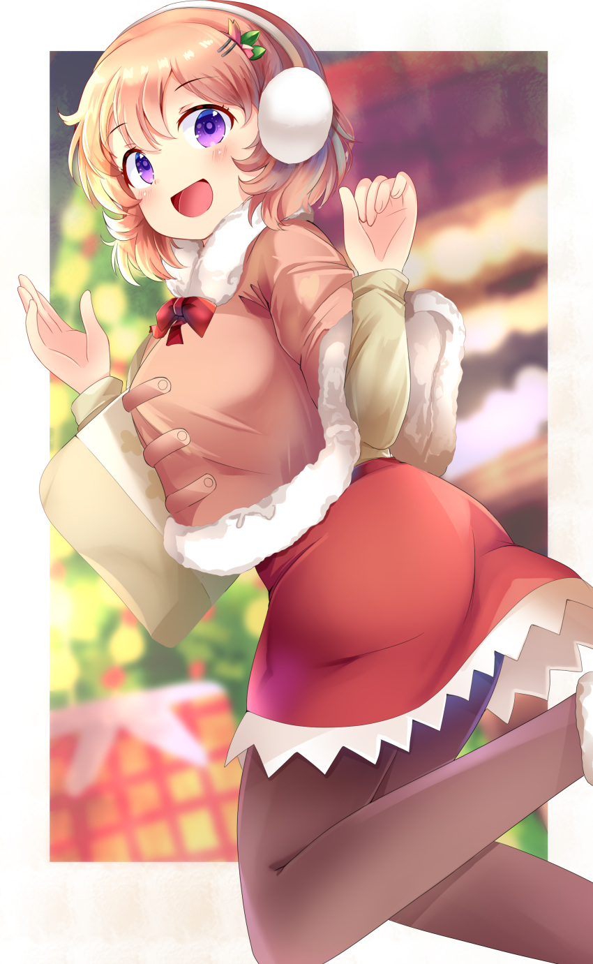 1girl :d absurdres alternate_costume aru_(arudes) blurry blurry_background blush border bow brown_pantyhose capelet christmas christmas_tree commentary_request earmuffs feet_out_of_frame frilled_skirt frills fur-trimmed_capelet fur_trim gochuumon_wa_usagi_desu_ka? hair_between_eyes hair_ornament hairclip hands_up happy headphones high-waist_skirt highres hoto_cocoa long_sleeves looking_at_viewer medium_hair open_mouth orange_hair pantyhose pink_capelet red_bow red_skirt skirt smile solo tareme violet_eyes white_border