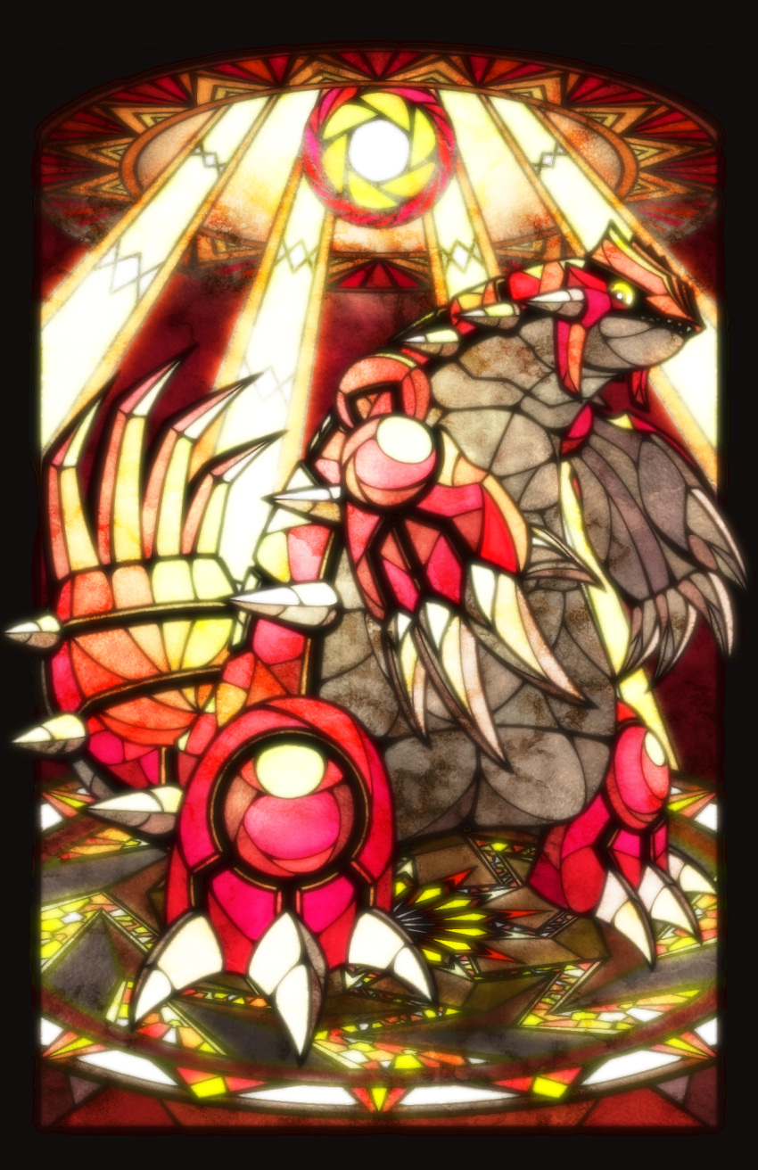 animal_focus black_border black_sclera border claws colored_sclera commentary_request free_butterfree full_body groudon highres light_rays looking_to_the_side no_humans outside_border partial_commentary pokemon pokemon_(creature) solo spikes stained_glass standing yellow_eyes