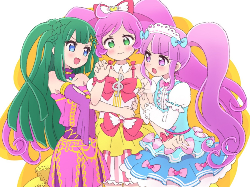 3girls :d :o ahoge blue_bow blue_dress blue_eyes blunt_bangs blunt_ends blush bow center_frills commentary_request confused detached_collar detached_sleeves dress frilled_dress frills green_eyes green_hair hair_bow hand_up hug idol_clothes ikzw long_hair long_sleeves looking_at_another maid_headdress manaka_laala manaka_non multicolored_clothes multicolored_dress multiple_girls open_mouth pink_bow pink_shirt pink_skirt pleated_skirt pretty_series pripara puffy_detached_sleeves puffy_sleeves purple_hair purple_sleeves shirt short_dress side_ponytail skirt sleeveless sleeveless_dress smile standing treble_clef tsukikawa_chili twintails two_side_up very_long_hair violet_eyes waist_bow wavy_mouth