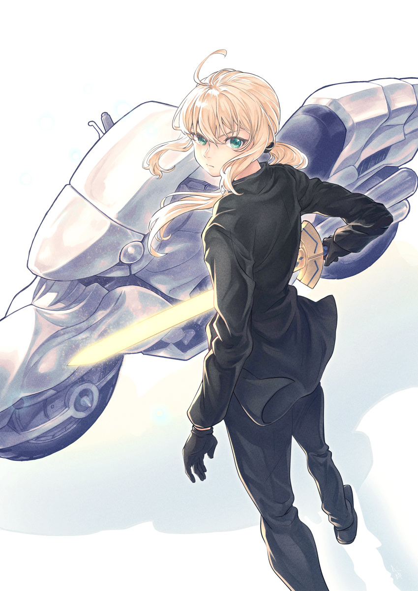 1girl absurdres ahoge artoria_pendragon_(fate) black_footwear black_gloves black_jacket black_pants blonde_hair closed_mouth fate/zero fate_(series) frown gloves green_eyes highres holding holding_sword holding_weapon jacket jean_jdw long_hair long_sleeves looking_at_viewer looking_back low_ponytail motor_vehicle pants saber_(fate) shoes solo standing sword weapon white_background