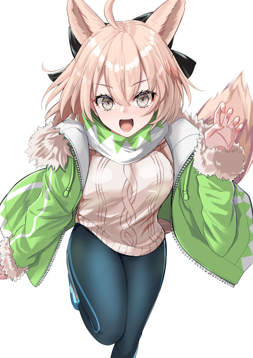 1girl absurdres ahoge animal_ears black_bow black_pants blonde_hair bow commentary_request fate/grand_order fate_(series) fingernails fur-trimmed_jacket fur-trimmed_sleeves fur_trim green_jacket grey_eyes hair_between_eyes hair_bow highres jacket long_sleeves looking_at_viewer nglhonn official_alternate_costume okita_souji_(dream_portrait)_(fate) okita_souji_(fate) open_clothes open_jacket open_mouth pants pink_nails pink_sweater scarf short_hair simple_background smile solo standing standing_on_one_leg sweater tail white_background yoga_pants