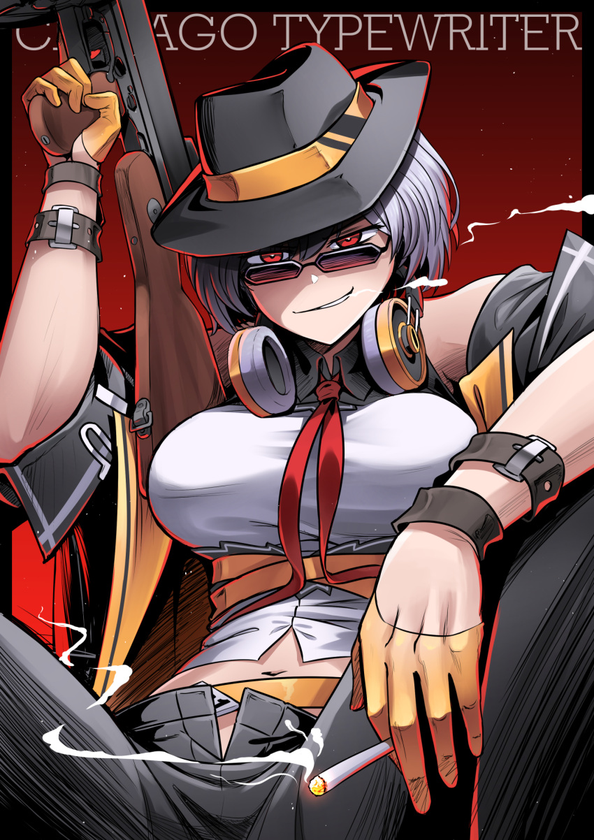 1girl black_headwear black_pants breasts cigarette english_text girls_frontline glasses gloves grey_hair gun highres large_breasts looking_at_viewer pants red_background red_eyes senpaihawkkun shirt smile smoking solo stomach submachine_gun thompson_(girls'_frontline) thompson_submachine_gun unzipped weapon white_shirt yellow_gloves