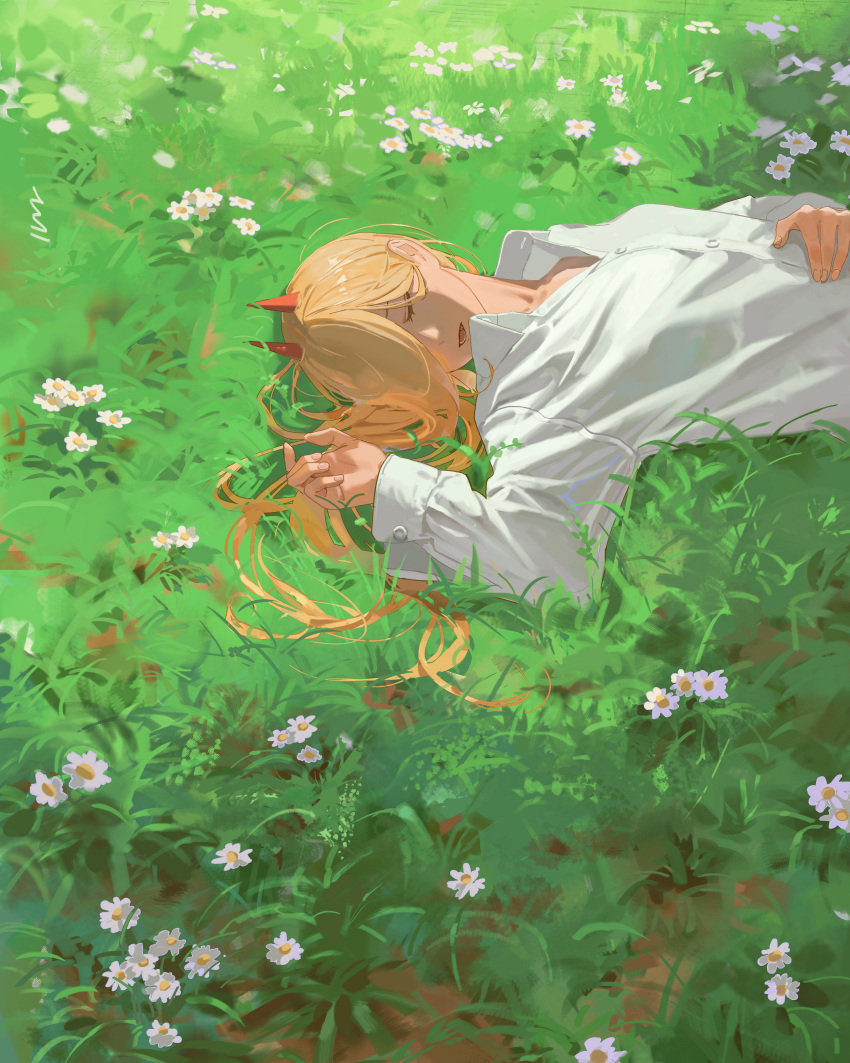 1girl absurdres blonde_hair chainsaw_man demon_horns fang field flower grass hair_over_one_eye hair_spread_out hand_on_own_stomach highres horns lying null_(skev7724) on_back on_ground one_eye_covered open_collar outdoors power_(chainsaw_man) shirt sleeping solo upper_body white_flower white_shirt