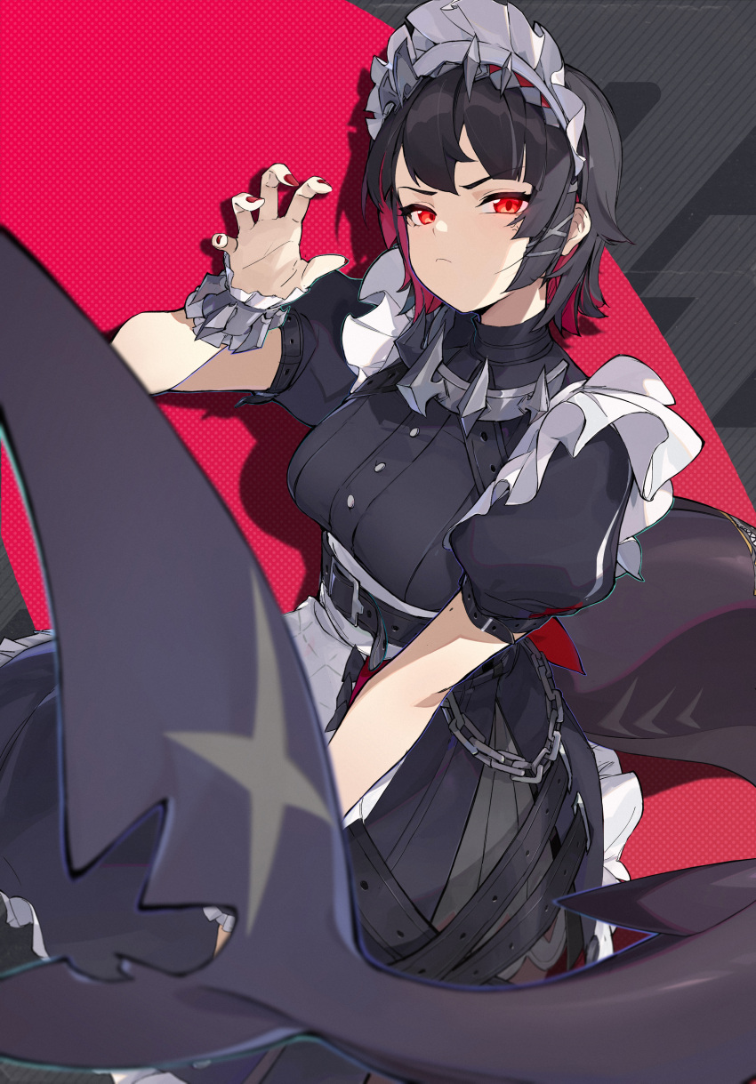 1girl absurdres black_dress black_hair breasts claw_pose closed_mouth colored_inner_hair dress ellen_joe fins fish_tail hair_ornament highres lihua_zouxian_zhiyin looking_at_viewer maid_headdress medium_breasts multicolored_hair puffy_short_sleeves puffy_sleeves red_eyes red_nails redhead shark_tail short_hair short_sleeves solo tail wrist_cuffs zenless_zone_zero