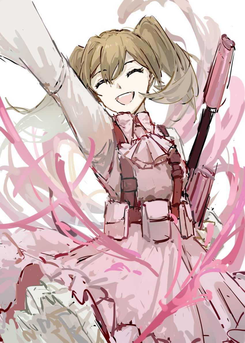 1girl absurdres adapted_costume ammunition_pouch arm_up ascot brown_hair closed_eyes dress e.g.o_(project_moon) employee_(project_moon) gun highres lobotomy_corporation long_sleeves military_uniform open_mouth pink_ascot pink_dress pouch project_moon rifle smile solo twintails uniform vest wan_shengyan weapon